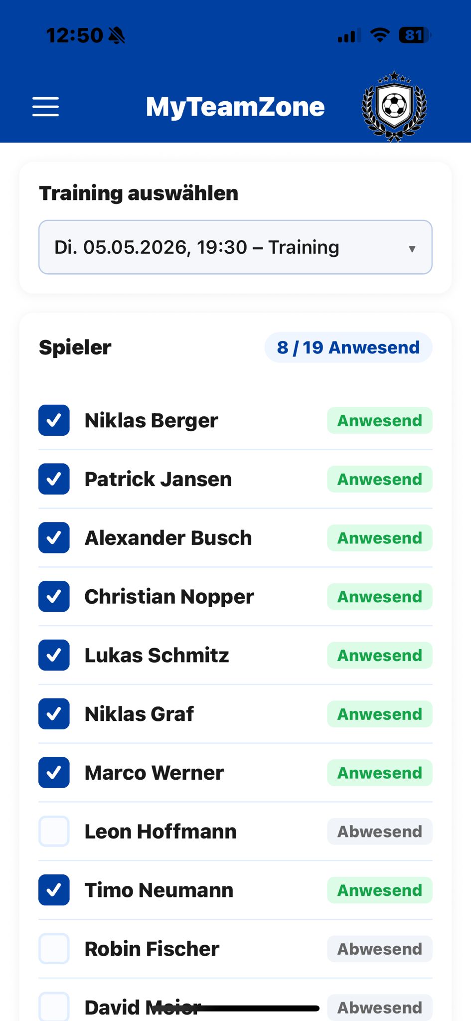 Anwesenheitstracking mit Spielerliste und Anwesenheitsstatus