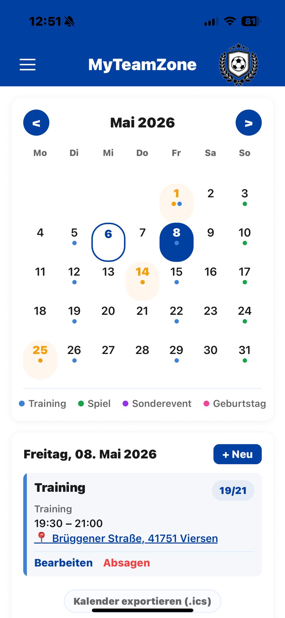Kalender mit Terminen, Teilnahmequote und Export