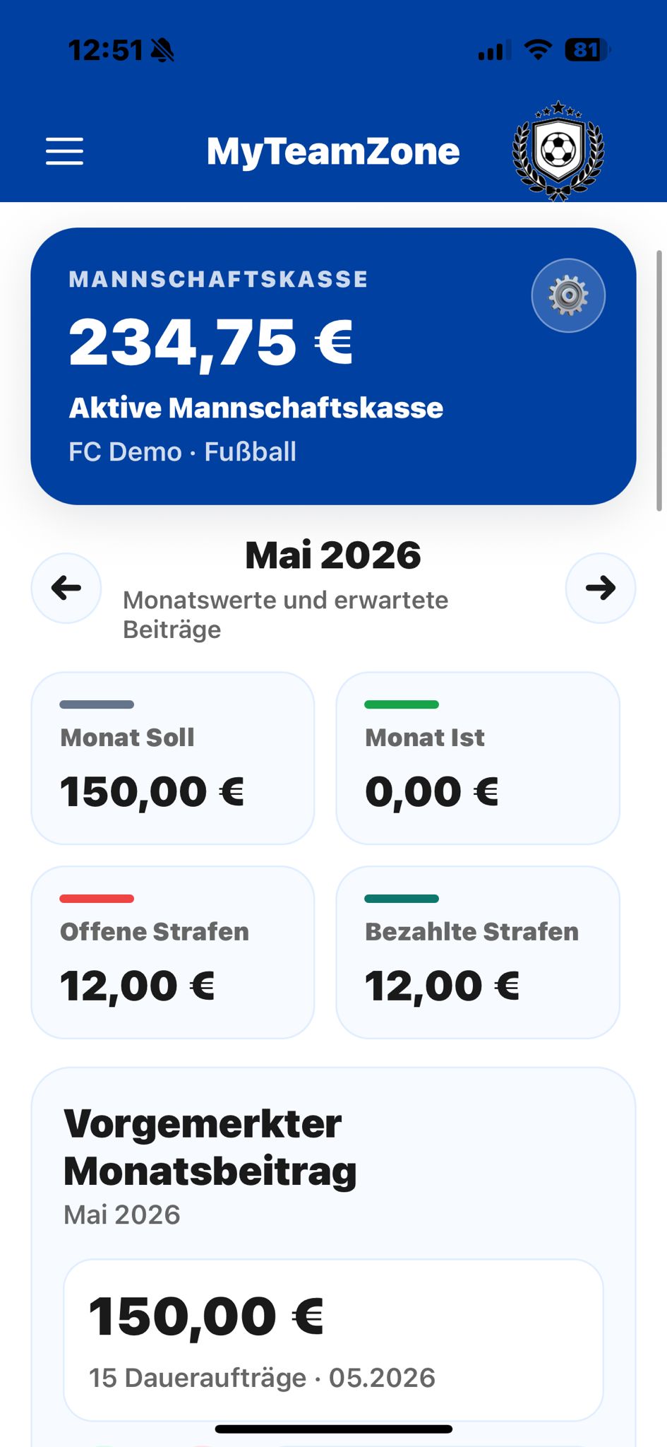 Mannschaftskasse mit Saldo, Monatswerten und offenen Strafen