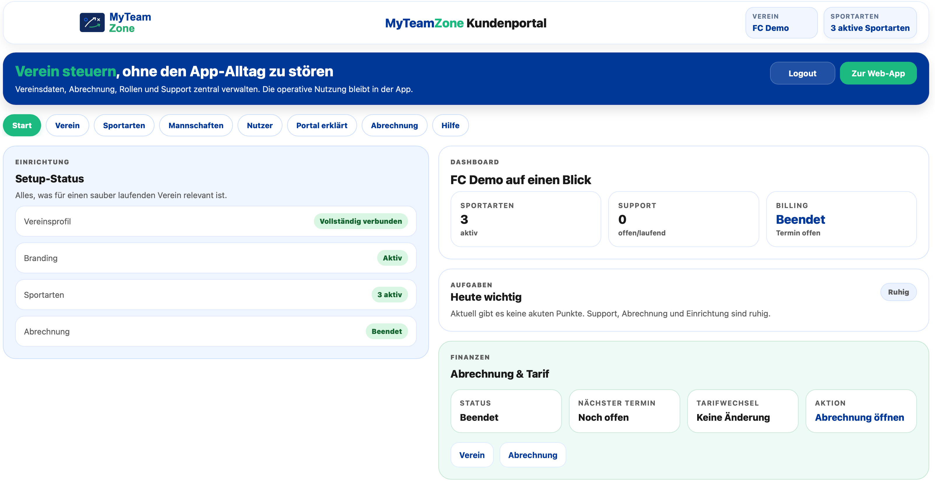 MyTeamZone Kundenportal mit Setup, Dashboard, Abrechnung und Vereinsverwaltung
