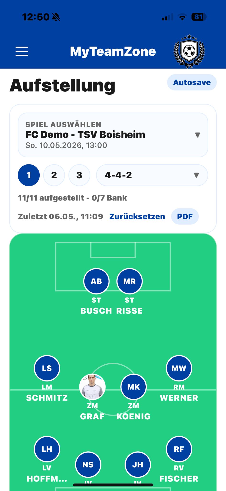 Aufstellung mit Formation, Varianten, Autosave und PDF-Export