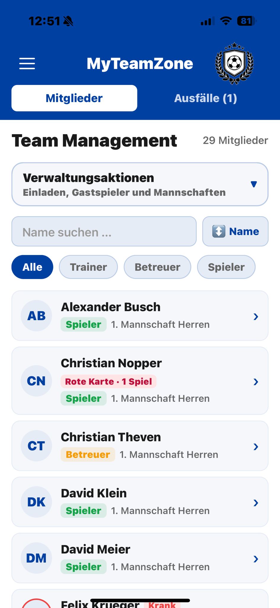 Team Management mit Mitgliedern, Rollen, Ausfällen und Sperren
