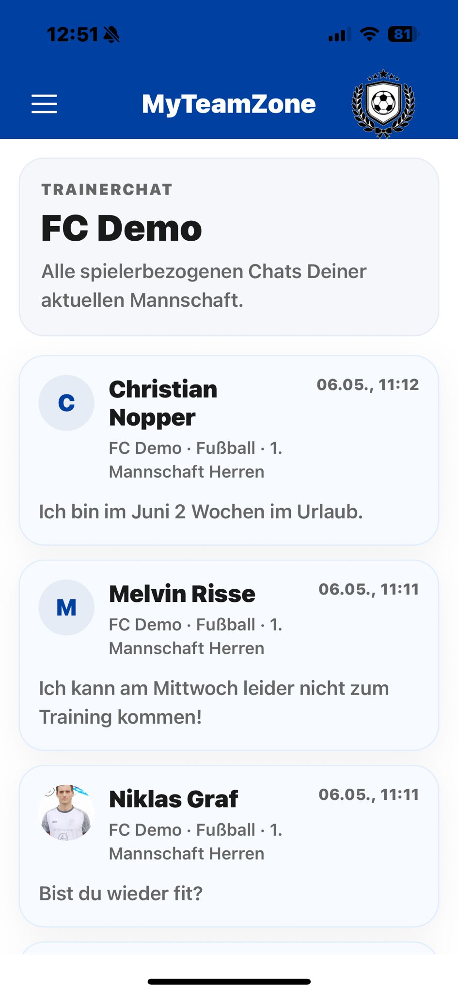 Trainerchat mit spielerbezogenen Chats der Mannschaft