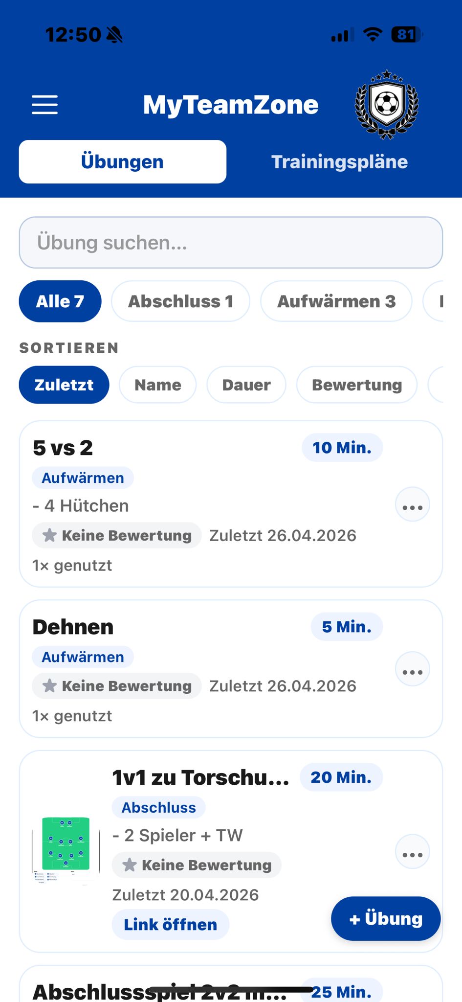 Trainingsplanung mit Übungen, Kategorien, Bewertung und Sortierung